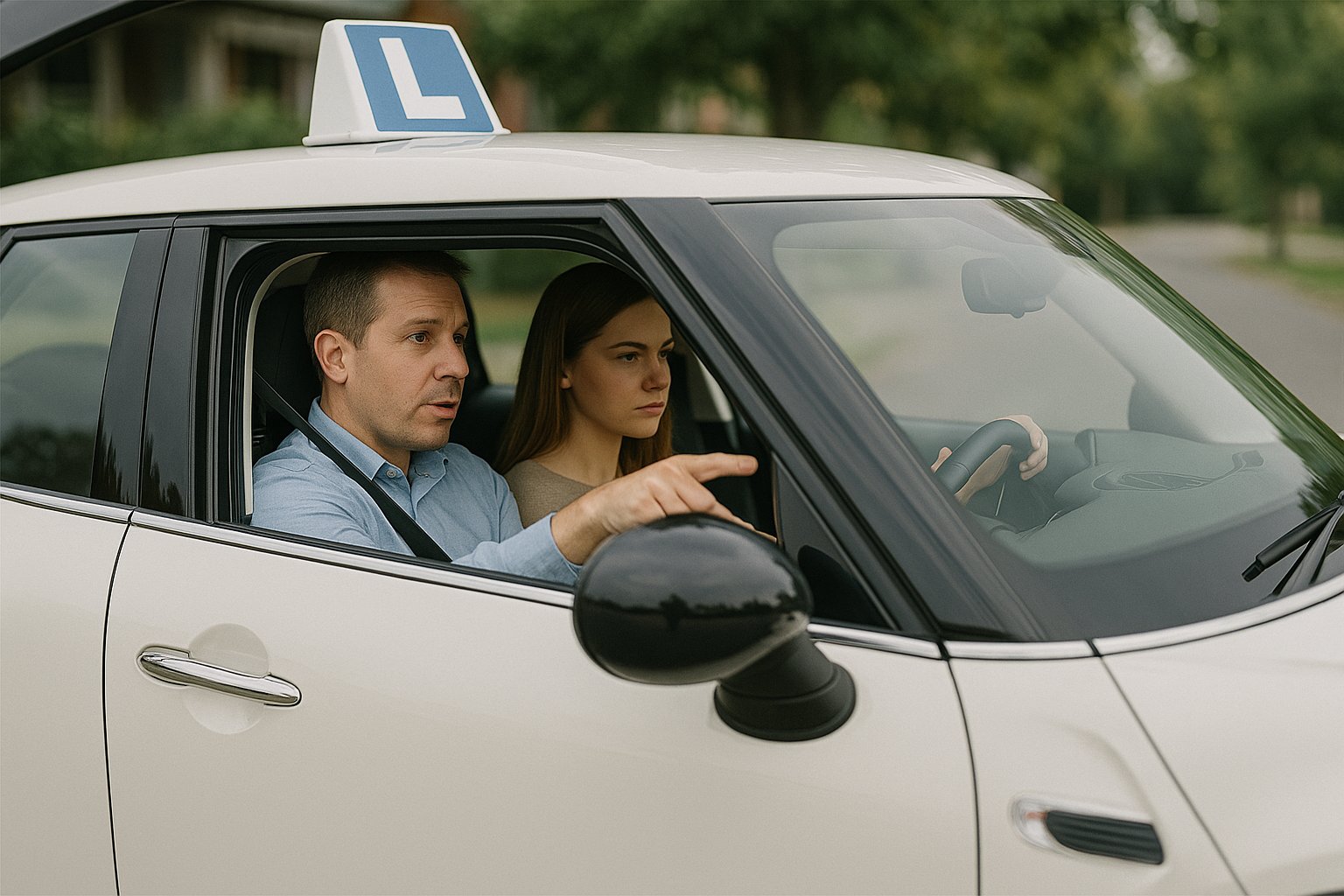 Profesor de autoescuela con alumna
